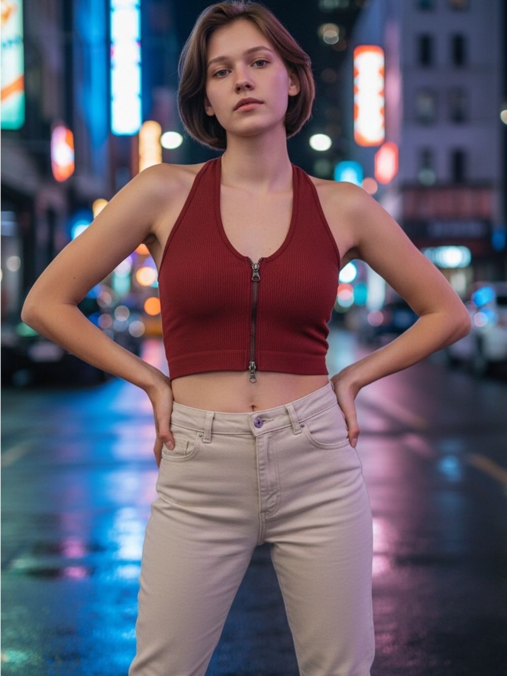 Ribbed Halter Zip-Front Crop Top - Deep Red